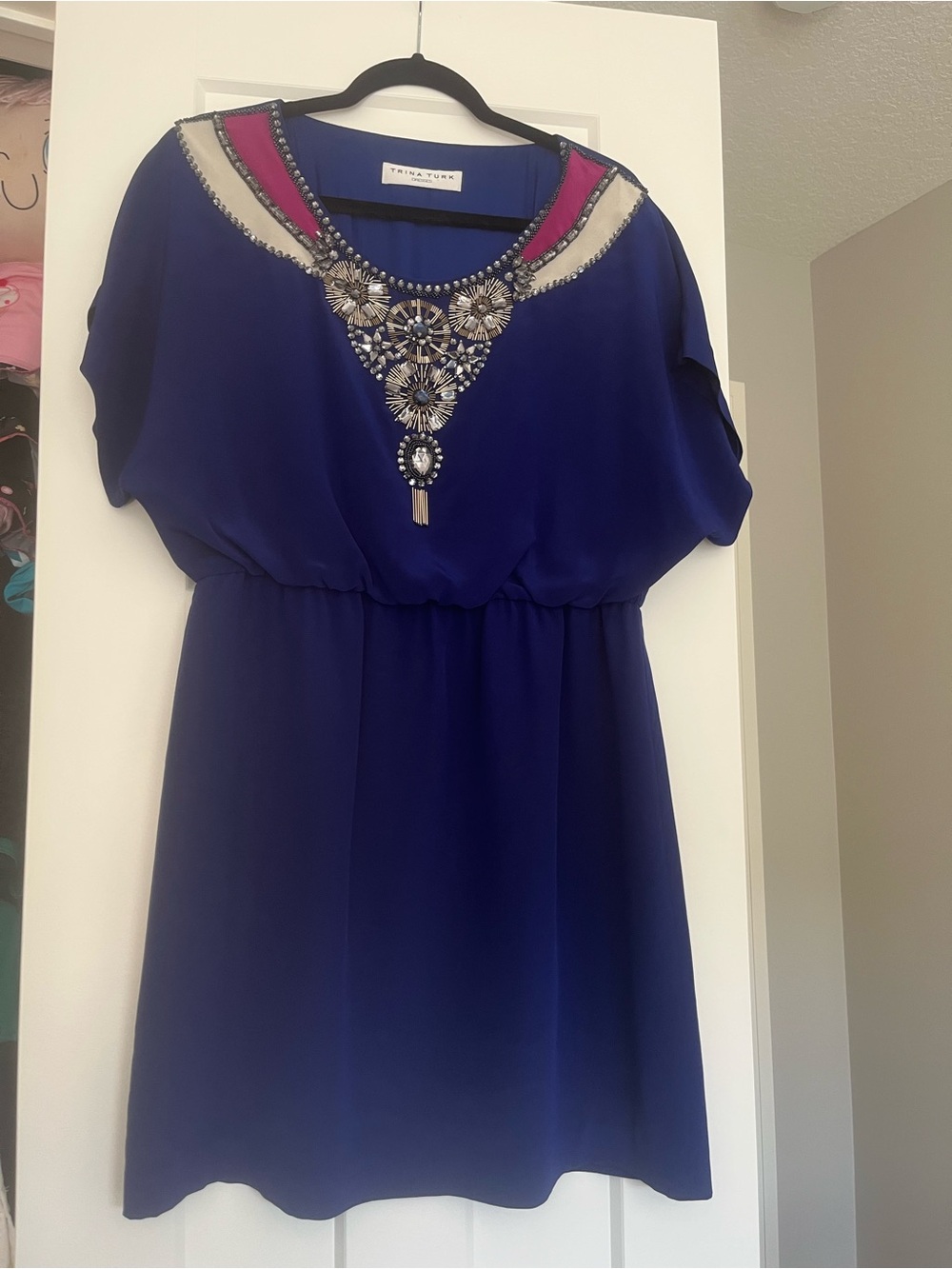 Trina Turk Cobalt Blue Mini Dress with Pink and Cream Trim